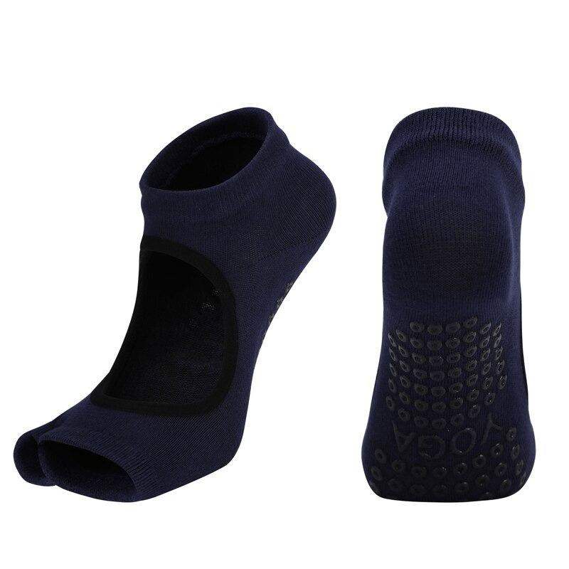 Open toe anti-slip women's sports socks in navy, showcasing grip dots and breathable design for comfort during workouts.
