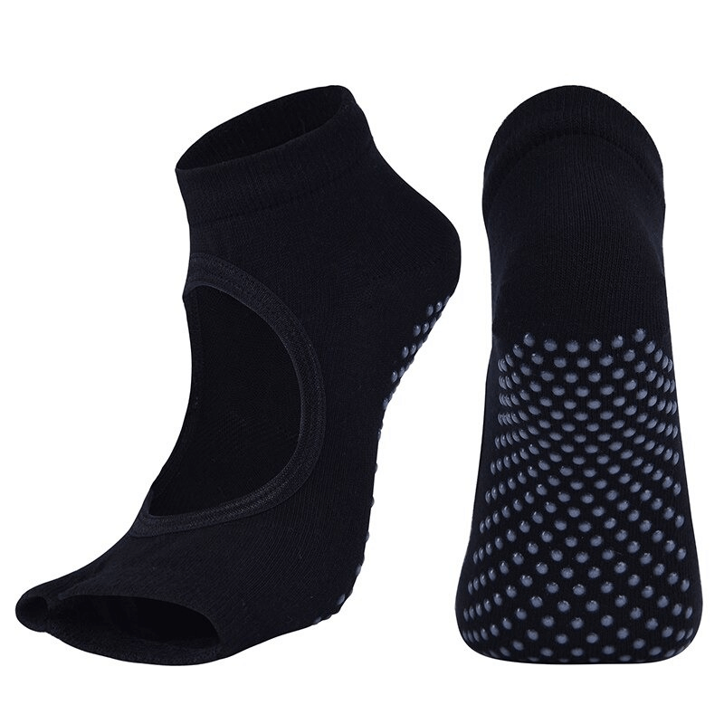 Black open-toe anti-slip women's socks with dotted grip, offering breathability and comfort for sports and fitness activities.