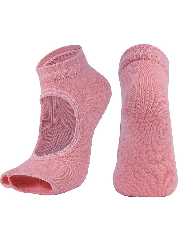 Pink open toe anti-slip women's socks by Shaped Sports, featuring breathable, moisture-wicking combed cotton with a textured grip for fitness.
