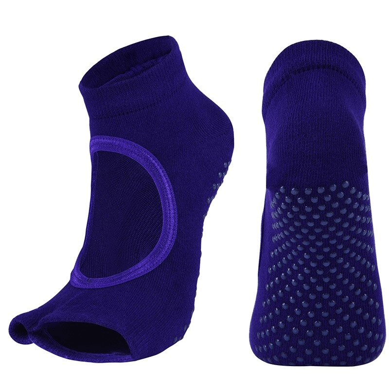 Vibrant purple women's open toe anti-slip socks for sports, featuring breathable design and moisture-wicking combed cotton for comfort.