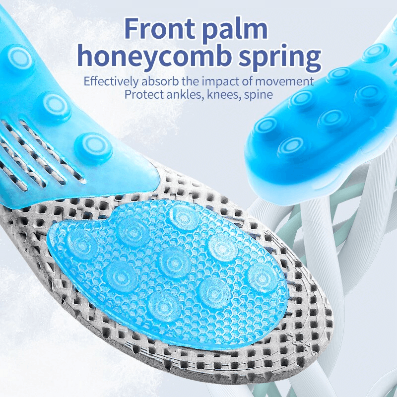 Blue orthopedic insole with honeycomb spring design for shock absorption and arch support.