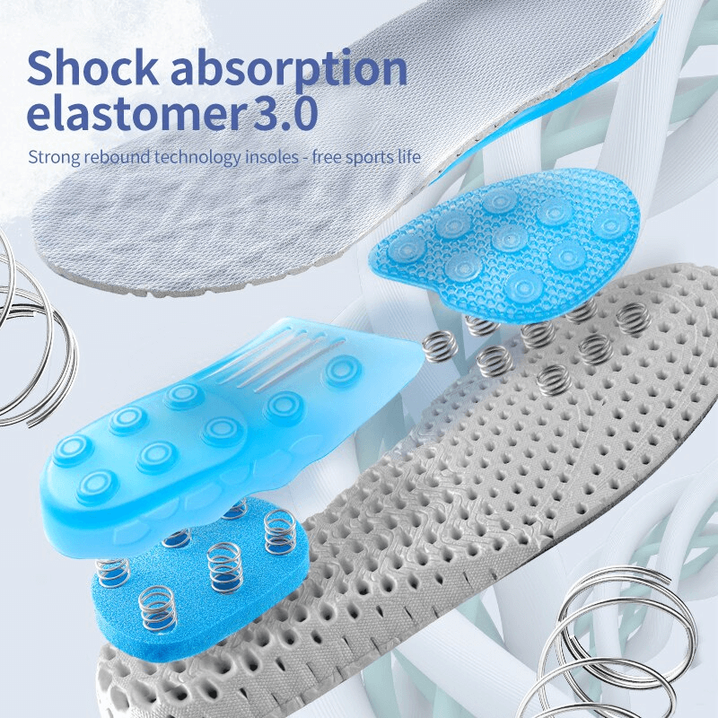 Exploded view of Shock-absorbing Orthopedic Non-slip Insoles with silicone layers, springs, and solid pattern design showcasing comfort and support.