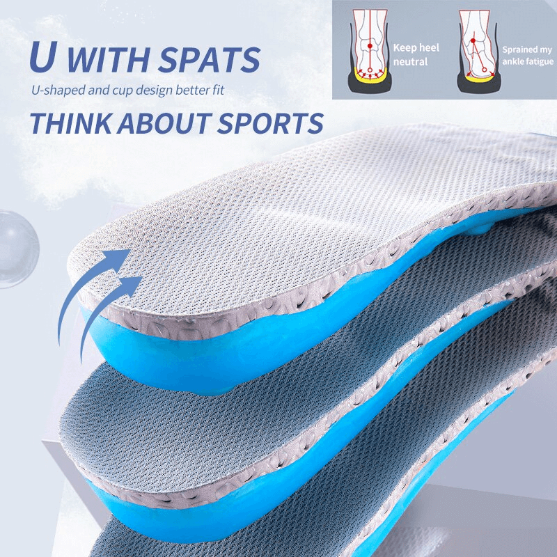 U-shaped orthopedic insoles with blue silicone for sports, featuring anti-fatigue and shock-absorbing properties for maximum comfort.
