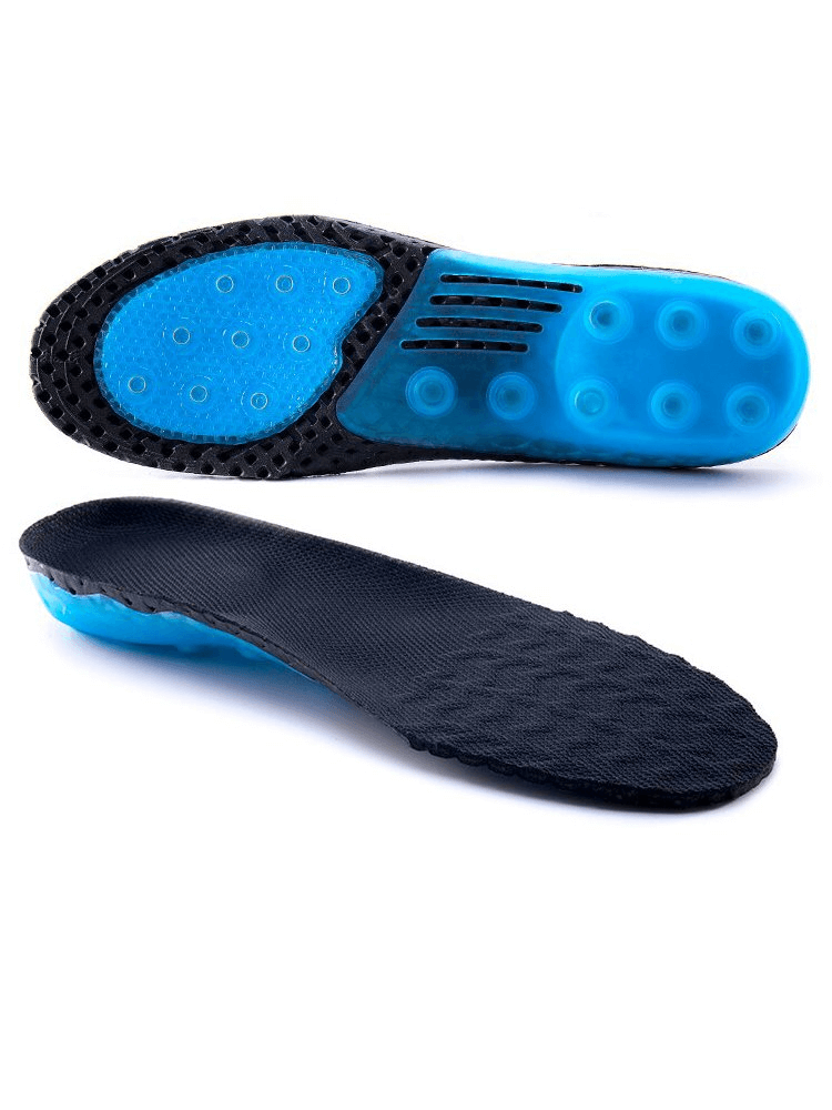 Shock-absorbing orthopedic non-slip insoles for shoes with blue silicone base, offering arch support and quick-drying features.