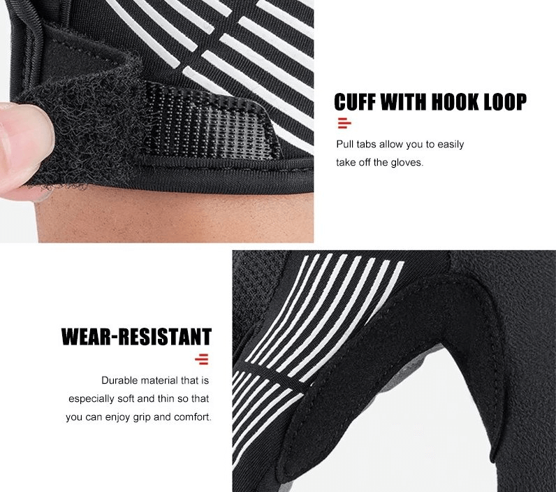 Close-up of cycling gloves showing hook and loop cuff and wear-resistant material, ideal for grip and comfort.