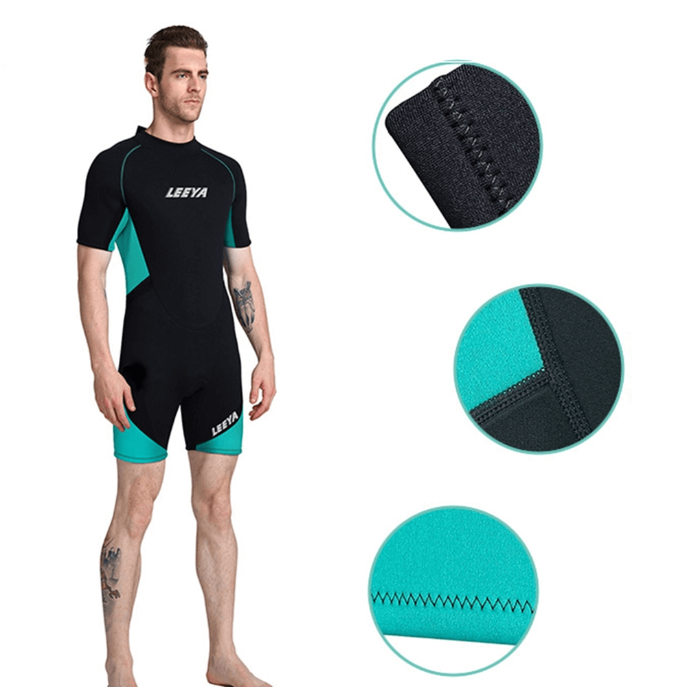 Men's short-sleeved snorkeling wetsuit in black and teal, shown with stitch detail and high-quality neoprene material.