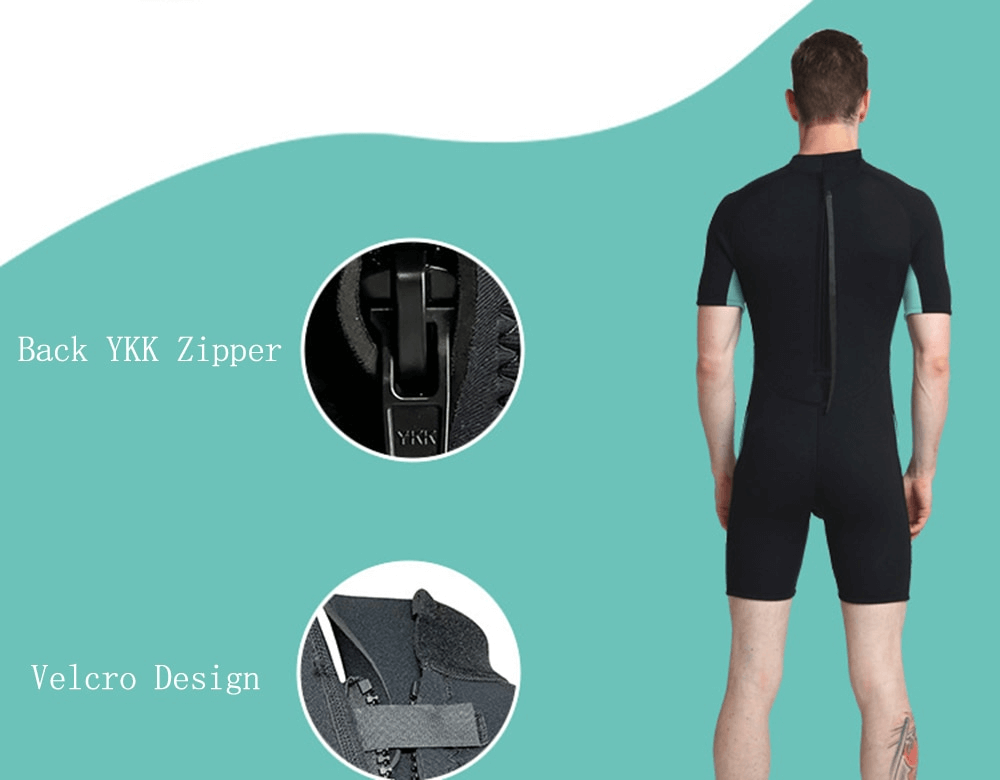 Back view of a male in short-sleeved black wetsuit with YKK zipper and velcro design, ideal for snorkeling and surfing.