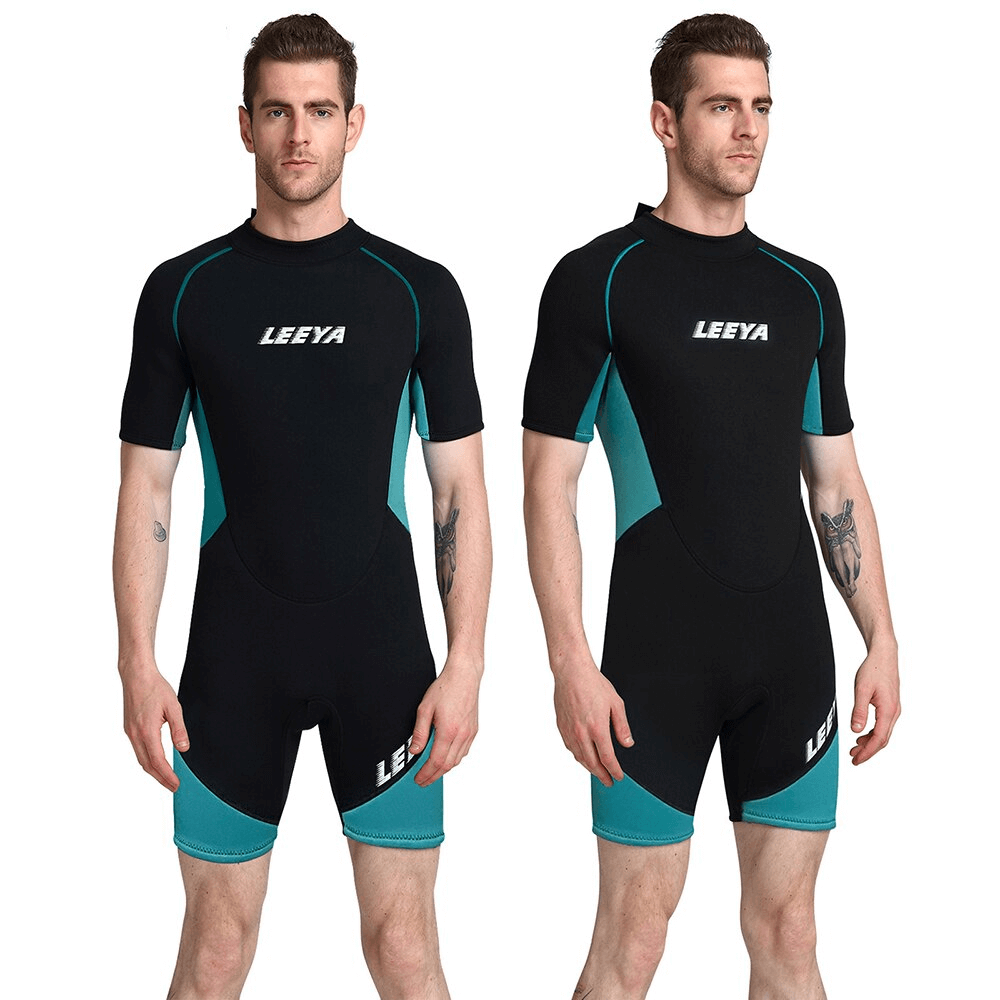 Short-sleeved sunscreen snorkeling wetsuit, SF1044, in black and teal, perfect for beach activities with high comfort and sun protection.