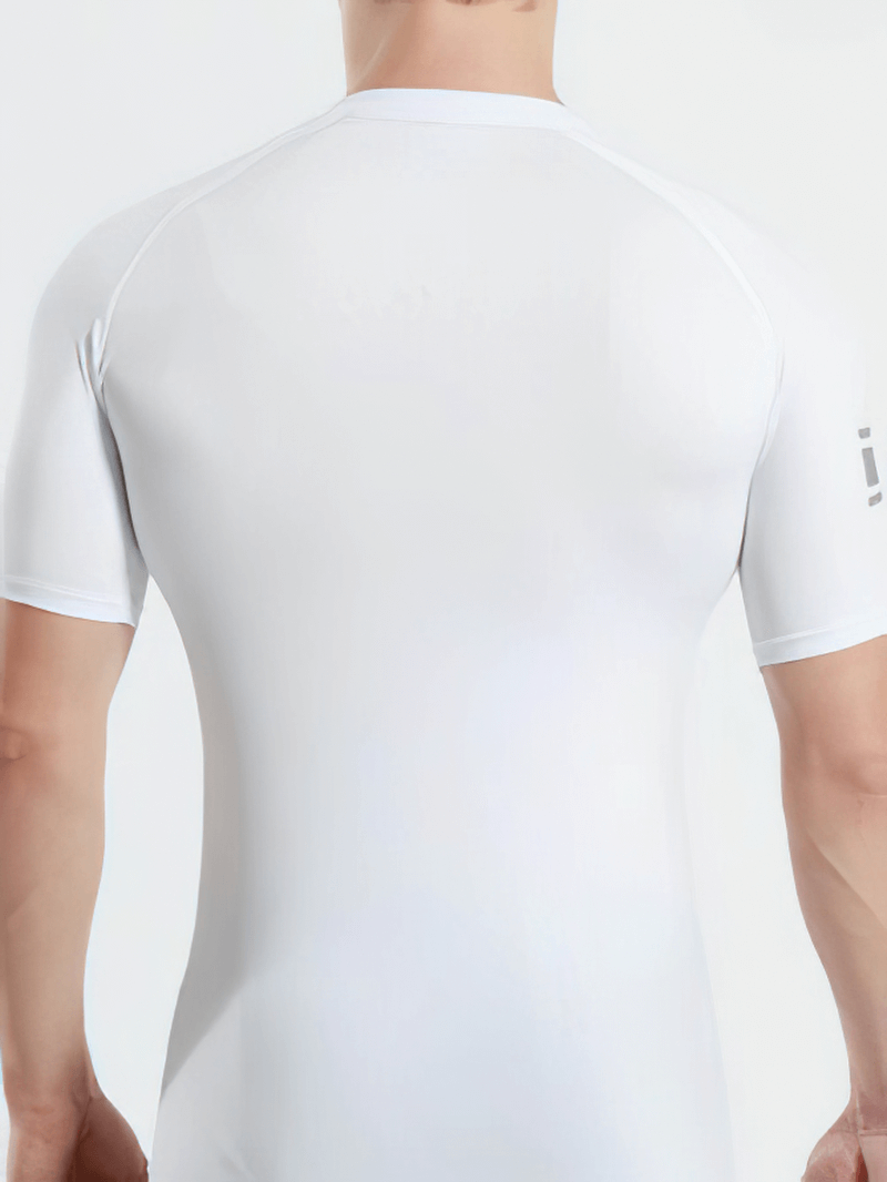 Back view of a white short sleeves running sports t-shirt showing breathable and stretchy fabric for workouts.