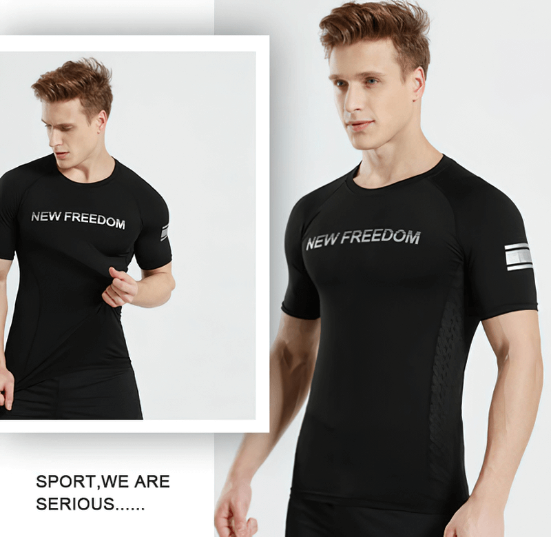 Man wearing black short sleeves running sports t-shirt with 'New Freedom' letter print, ideal for workouts and outdoor activities.