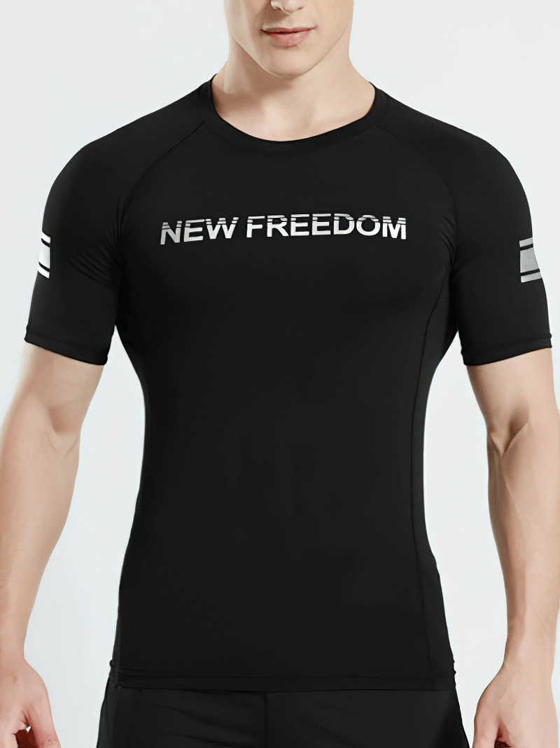 Black short sleeves running T-shirt with 'New Freedom' print, featuring breathable spandex and quick-dry technology for outdoor sports.