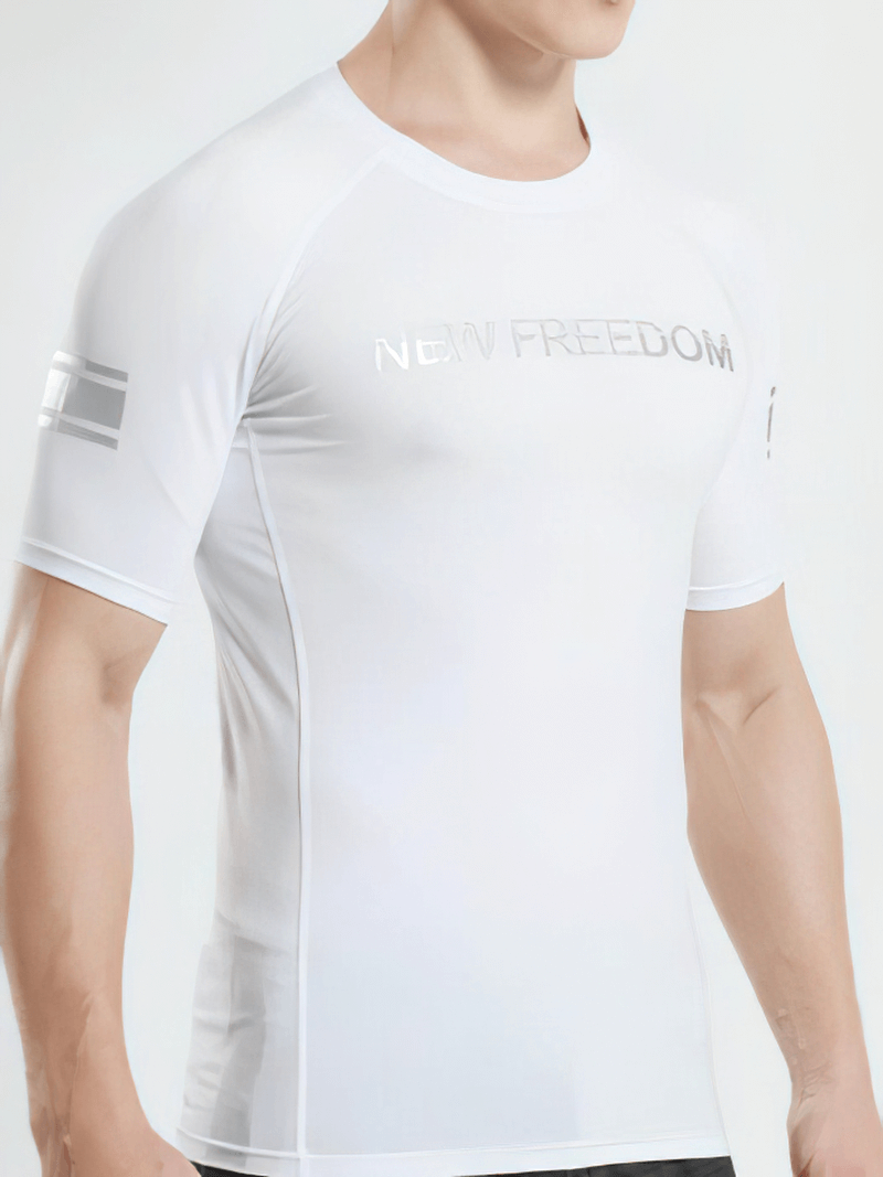 White short sleeve running t-shirt with letter print, perfect for sports and fitness, featuring breathable and quick-dry spandex fabric.