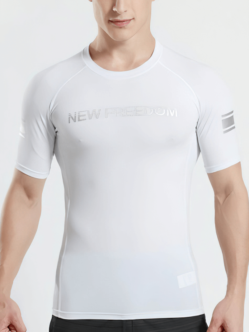 White short sleeves running sports t-shirt with letter print, featuring breathable spandex and quick-dry technology for athletic comfort.