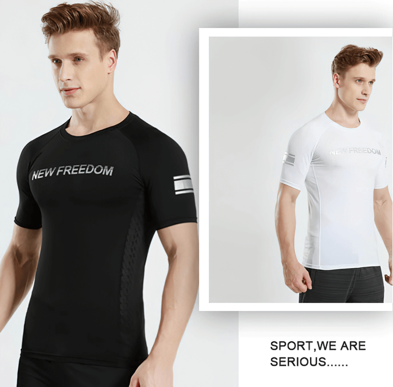 Men's black and white short sleeves running t-shirts with "New Freedom" print, ideal for sports with breathable, quick-dry fabric.