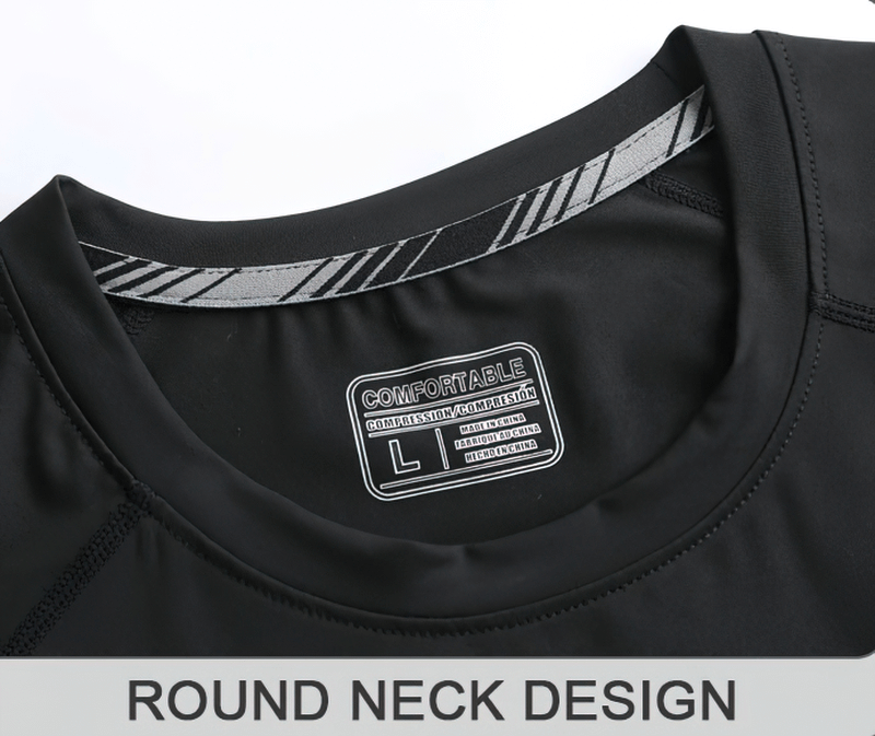 Close-up of black short sleeve running T-shirt with round neck design, breathable and moisture-wicking fabric. Model SF0656.