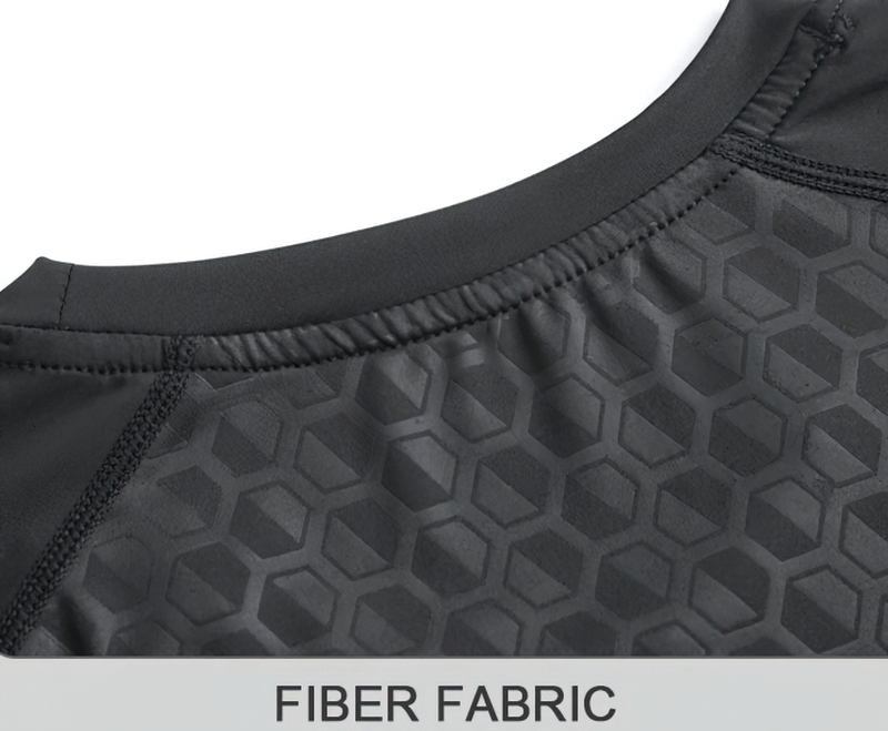Close-up of black short sleeves sports t-shirt with hexagonal pattern, featuring breathable fiber fabric and quick-dry technology.