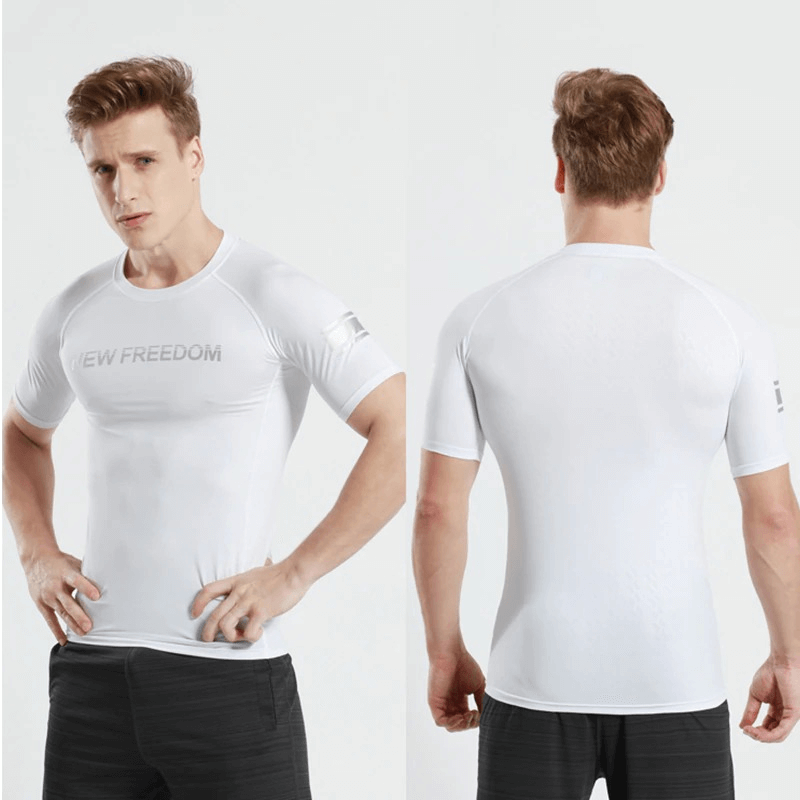 White short sleeves running sports T-shirt with letter print, breathable and quick-dry, front and back view.