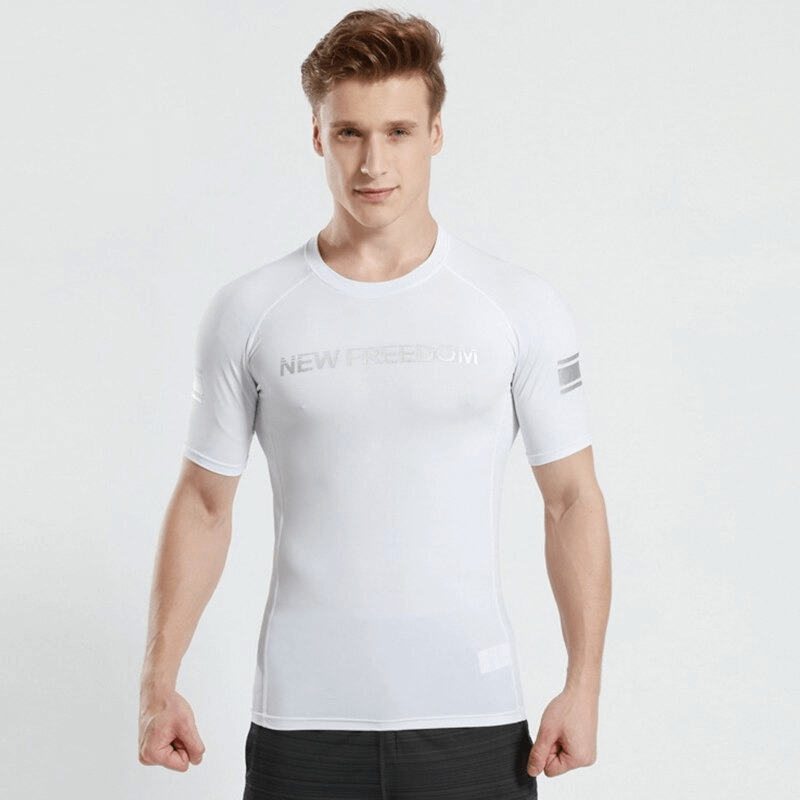 Man wearing white short sleeves running sports t-shirt with letter print, breathable spandex, and quick-dry technology.