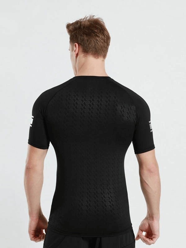 Man wearing short sleeves black running sports T-shirt with letter print, back view, breathable spandex, quick-dry, high elasticity