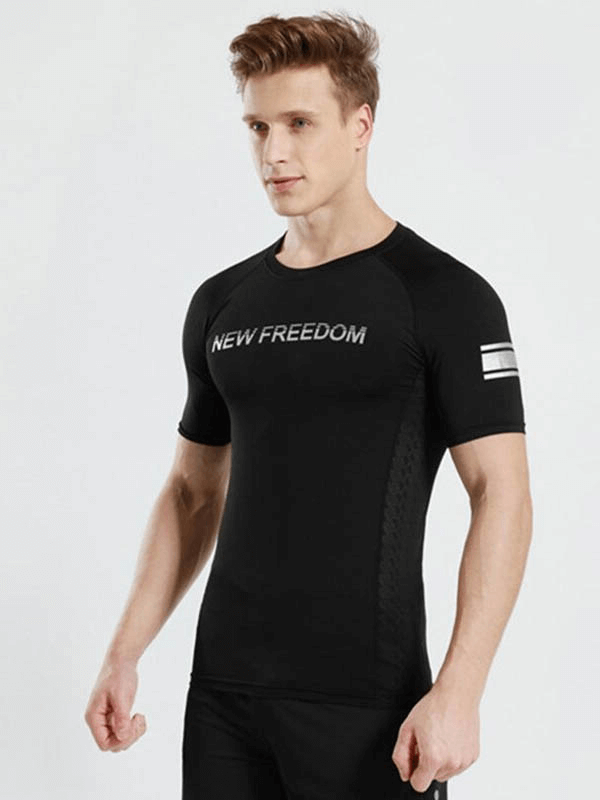 Alt Tag: Man wearing black short sleeves running sports t-shirt with letter print 'New Freedom', breathable fabric for outdoor activities.