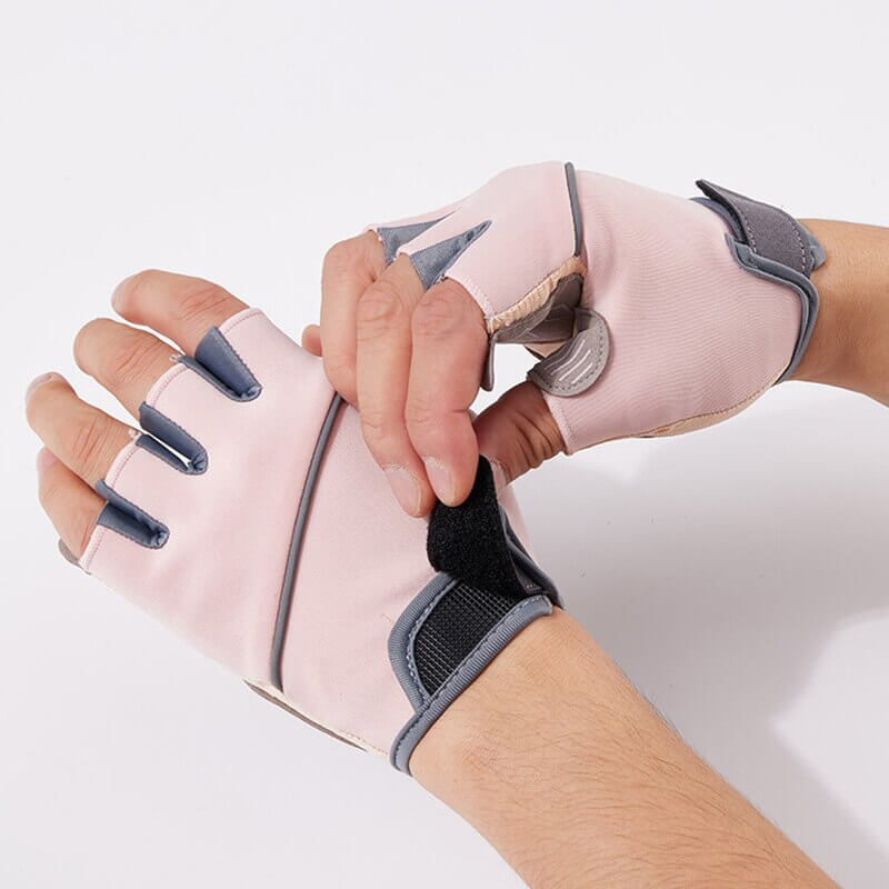 Unisex silicone anti-shock weight lifting gloves in pink, showing durable design and half-finger fit for enhanced grip and comfort.