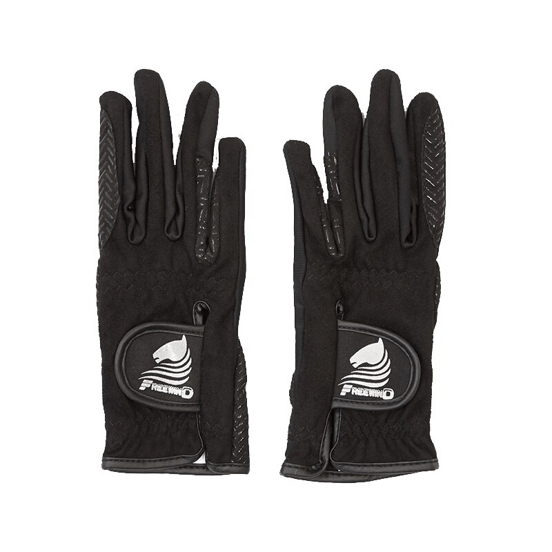 Black silicone non-slip equestrian gloves with Velcro closure, SF0886, offering a secure grip for riders. Lightweight and breathable design.