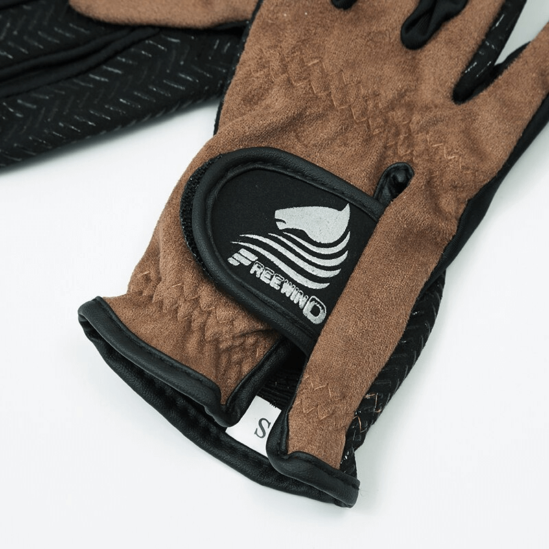 Brown silicone non-slip equestrian gloves with Velcro closure showcasing palm detail and design, ideal for riding. Model SF0886.