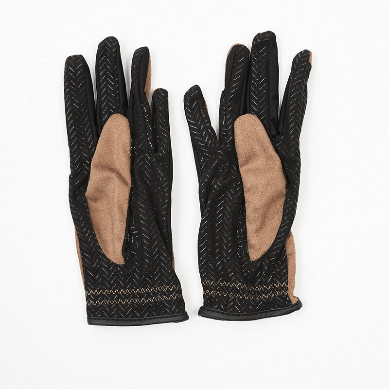 Black and brown silicone non-slip equestrian gloves with Velcro closure for superior grip and control, perfect for riding.