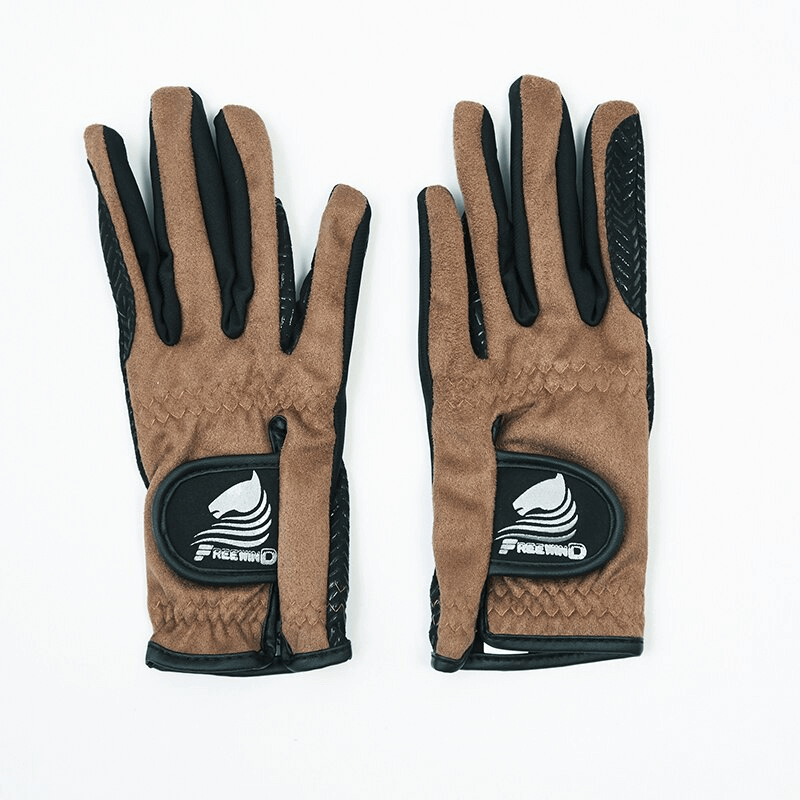 Brown silicone non-slip equestrian gloves with Velcro closure, offering superior grip for riding. Unisex design, breathable material.