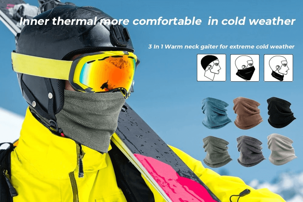 Skier wearing thermal neck gaiter and goggles, showcasing the Skiing Thermal Corduroy Elastic Scarf, with multiple color options displayed.