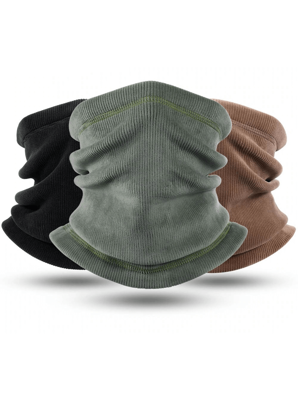 Three skiing thermal corduroy elastic scarves in black, green, and brown, perfect for outdoor activities and providing warmth and protection.