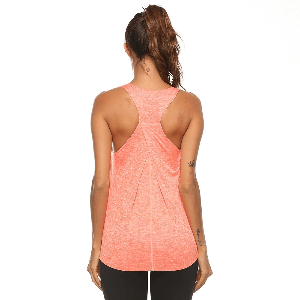 Back view of coral sleeveless fitness top for women, featuring breathable fabric ideal for intense workouts and yoga.