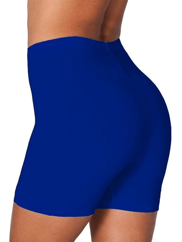 High-waisted slim elastic women's fitness shorts in blue, crafted from stretchy polyester for comfort and flexibility during workouts.