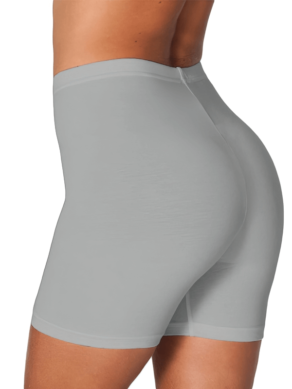 Slim elastic women's high-waist fitness shorts in gray, side view
