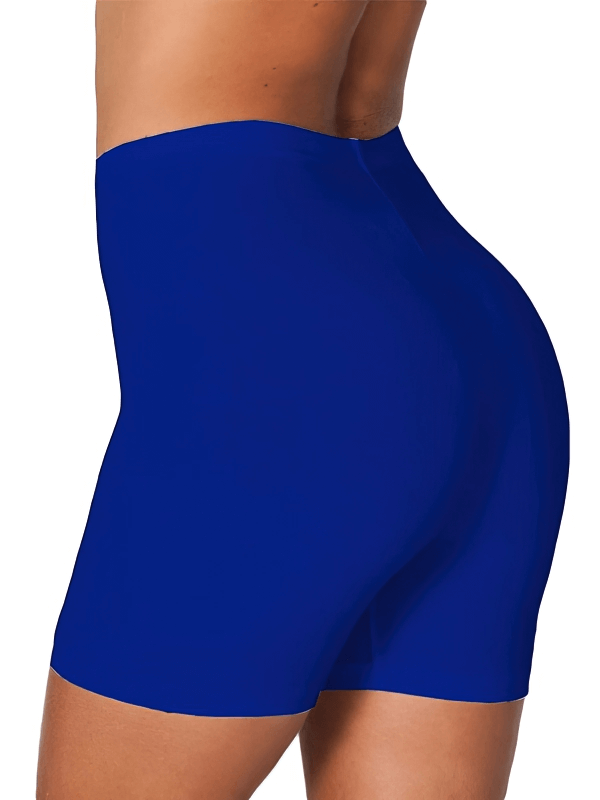 Blue slim elastic women's high-waisted fitness shorts showcasing stretchy, breathable fabric and secure fit.