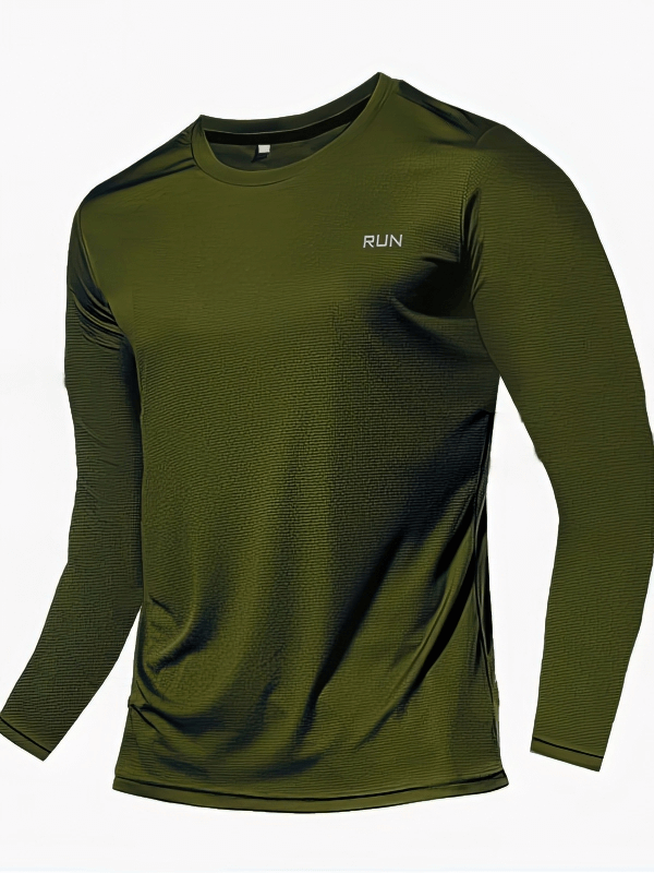 Olive green slim quick-dry men's long sleeve shirt for training, perfect for athletes with lightweight polyester and quick-dry features.