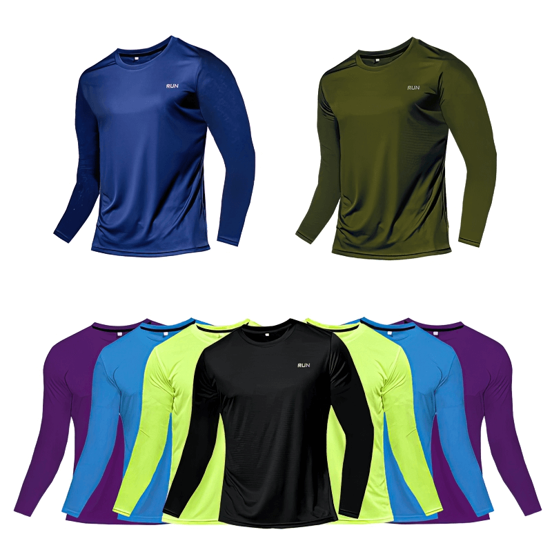 Colorful Slim Quick-Dry Men's Long Sleeve Shirts for Training, featuring lightweight and elastic polyester material, ideal for sports.