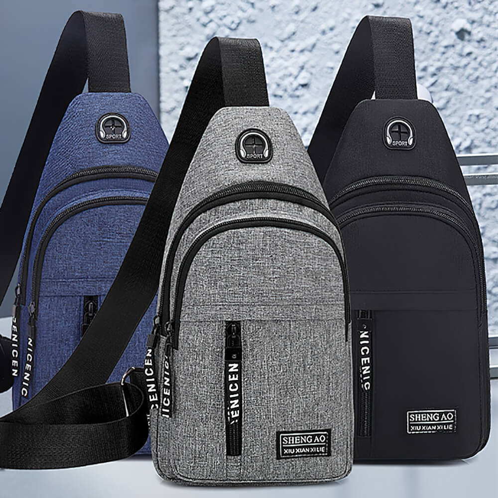 Three small waterproof single shoulder strap bags for men in blue, grey, and black; made of durable nylon with secure zippers.