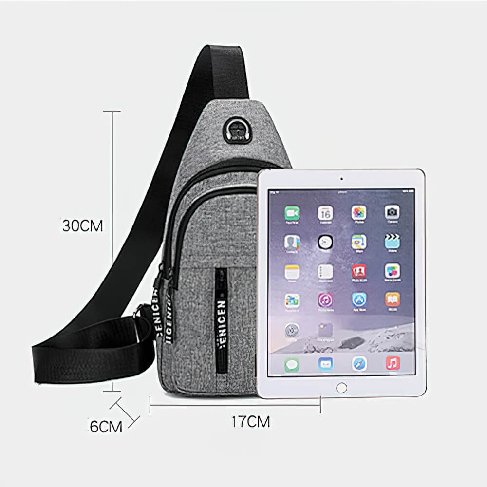 Small waterproof single shoulder strap bag for men, SF1217, shown with dimensions, ideal for carrying essentials in all weather.