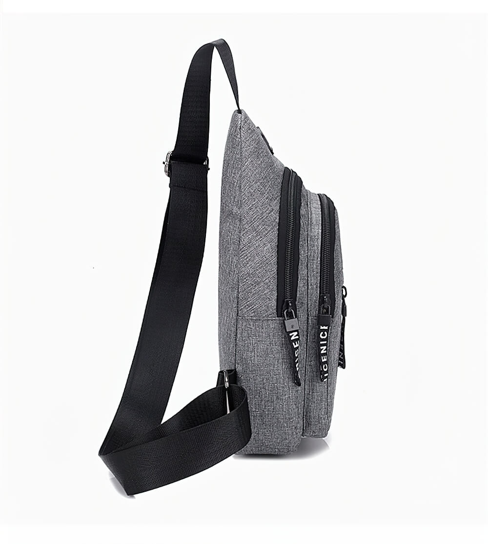 Side view of a small waterproof single shoulder strap bag for men, model SF1217, featuring durable nylon, zippers, and lightweight design.