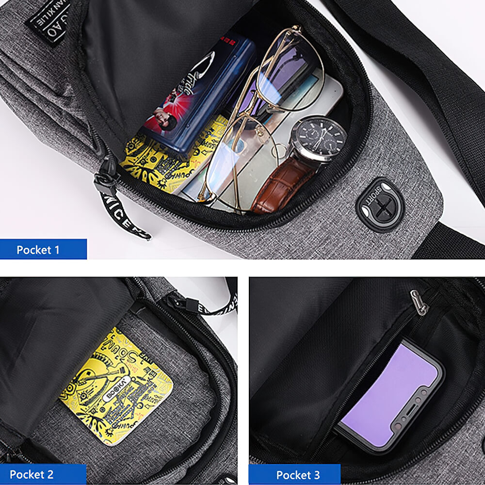Interior view of the small waterproof single shoulder strap bag for men, featuring multiple pockets with glasses, watch, and phone storage.