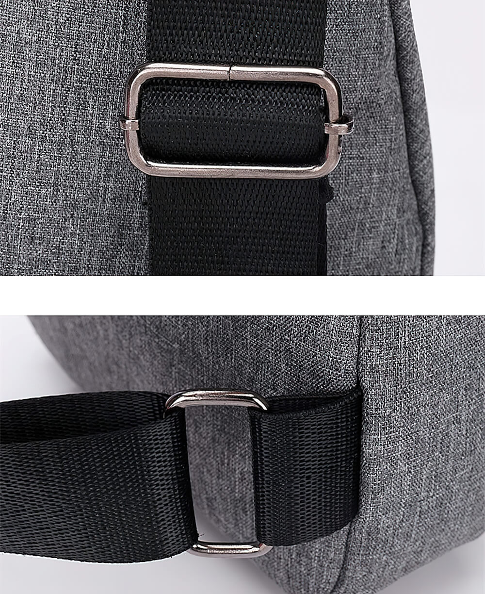 Close-up of waterproof shoulder strap bag showing durable nylon and adjustable strap with metal buckle for men.