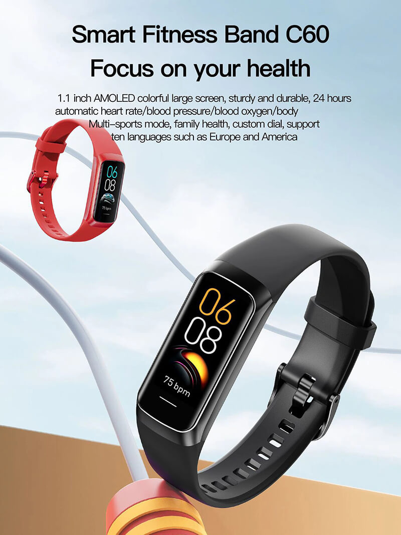 Smart Fitness Band C60 with 1.1-inch AMOLED display, health tracking, multi-sports mode, and multi-language support, shown in black and red.