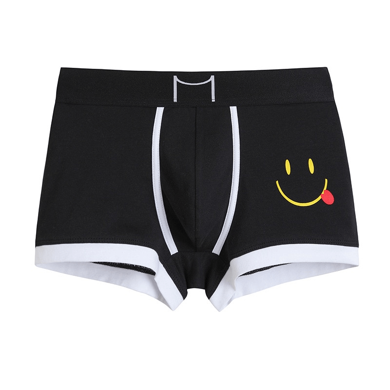 Black cotton men's boxer with a playful smiley print, offering comfort and style for everyday wear.