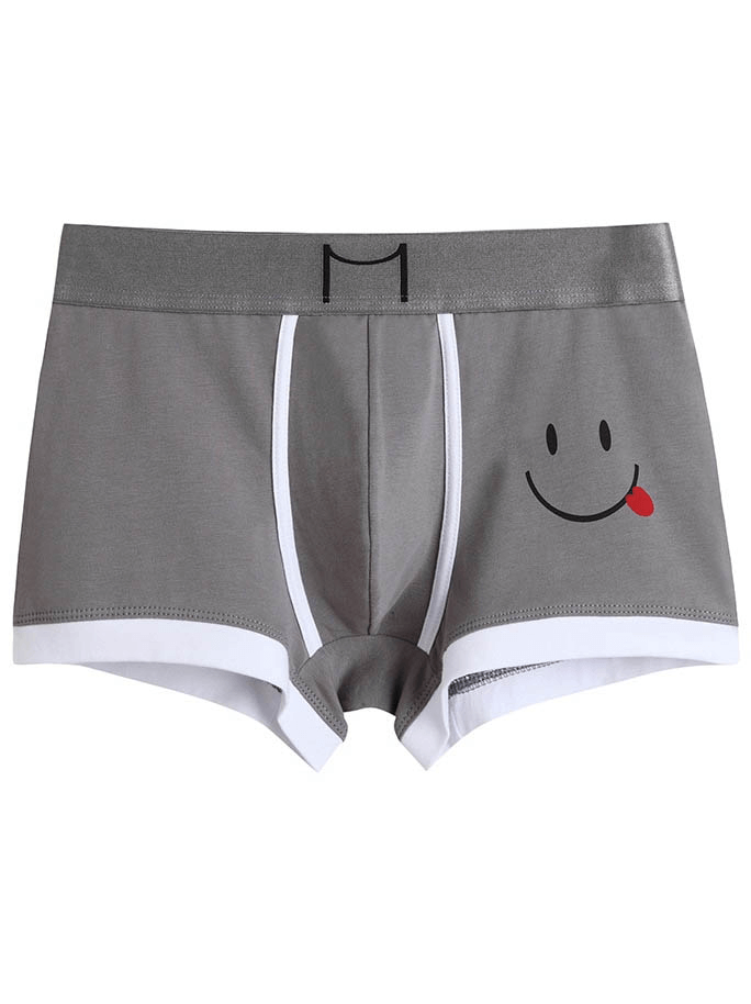 Gray smiley print cotton boxer shorts for men - breathable and stylish male underwear.