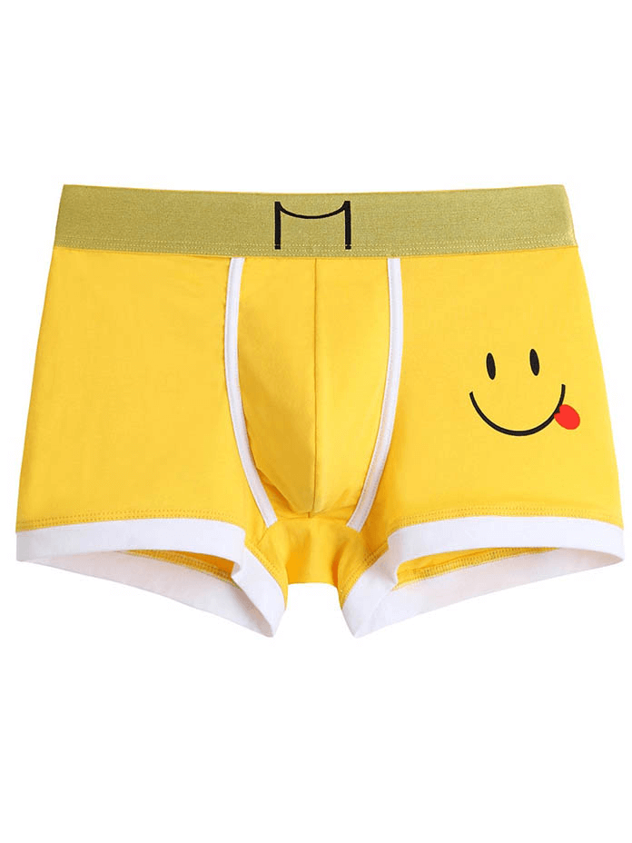 Yellow smiley print cotton boxer for men, breathable and comfortable men's underwear, featuring a playful design. SF0739
