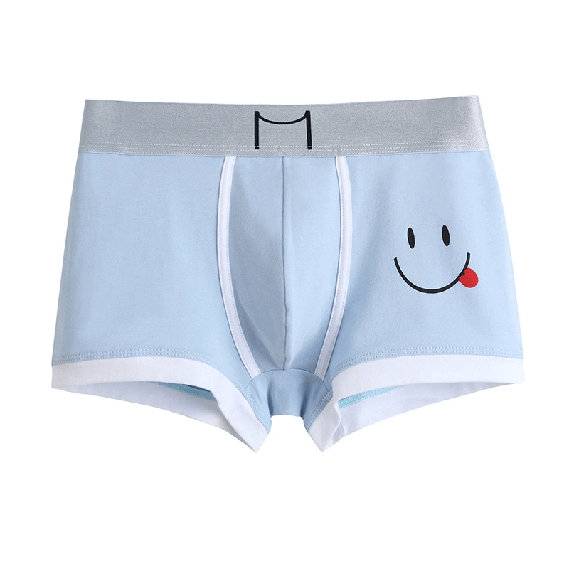 Light blue smiley print cotton boxer for men with gray waistband, offering comfort and style in breathable fabric - SF0739 male underwear.