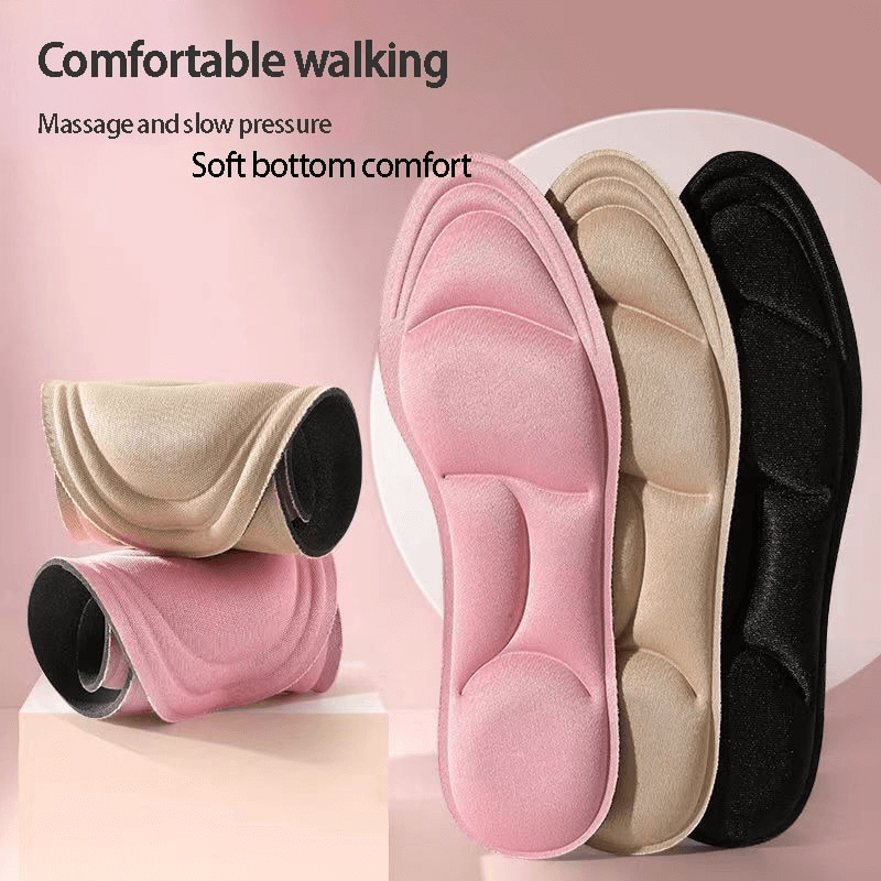Soft breathable orthopedic insoles in pink, beige, and black, showcasing comfort and advanced features like anti-slip and shock absorption.