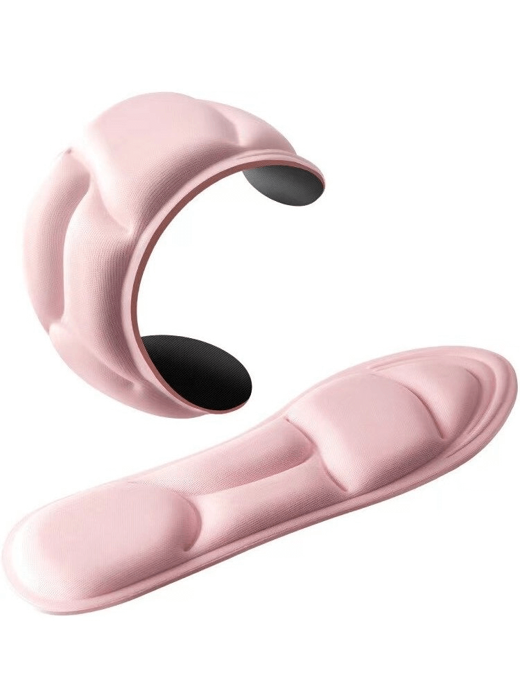 Soft breathable elastic insoles in pink, featuring memory foam, orthopedic design, anti-slip, shock absorption, and arch support.