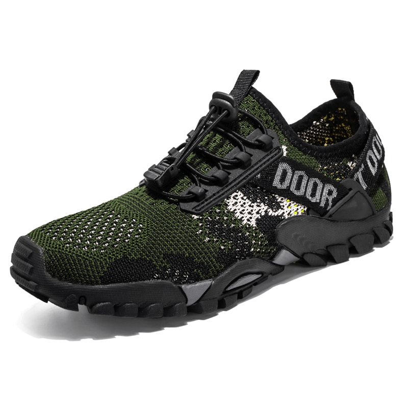 Green breathable non-slip men's trekking sneakers with lace-up closure for hiking.